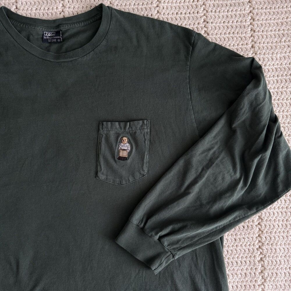 Vintage Polo Ralph Lauren T-Shirt Men XL Green Bear Logo Front Pocket USA Made